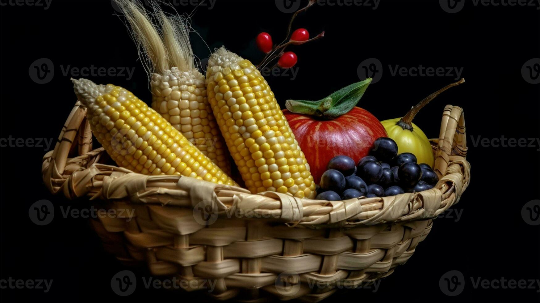 a basket filled with corn and tomatoes AI Generated photo