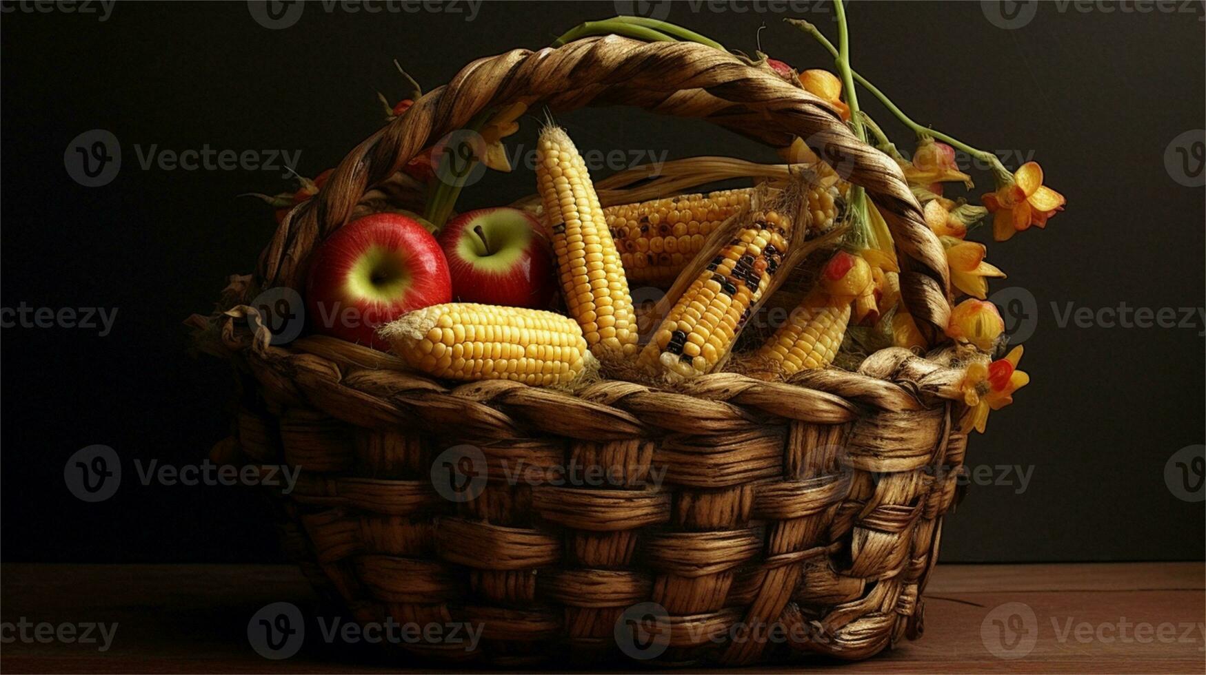 a basket filled with corn and tomatoes AI Generated photo