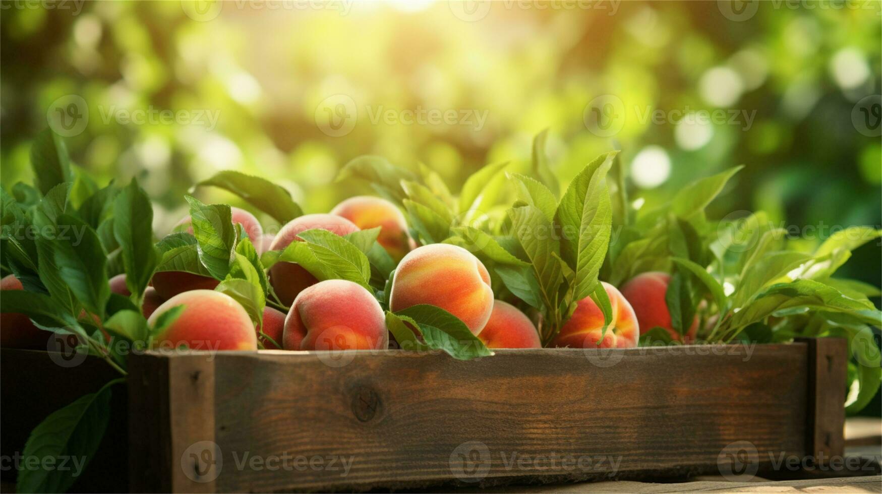 fresh peaches in a wooden box on a table AI Generative photo