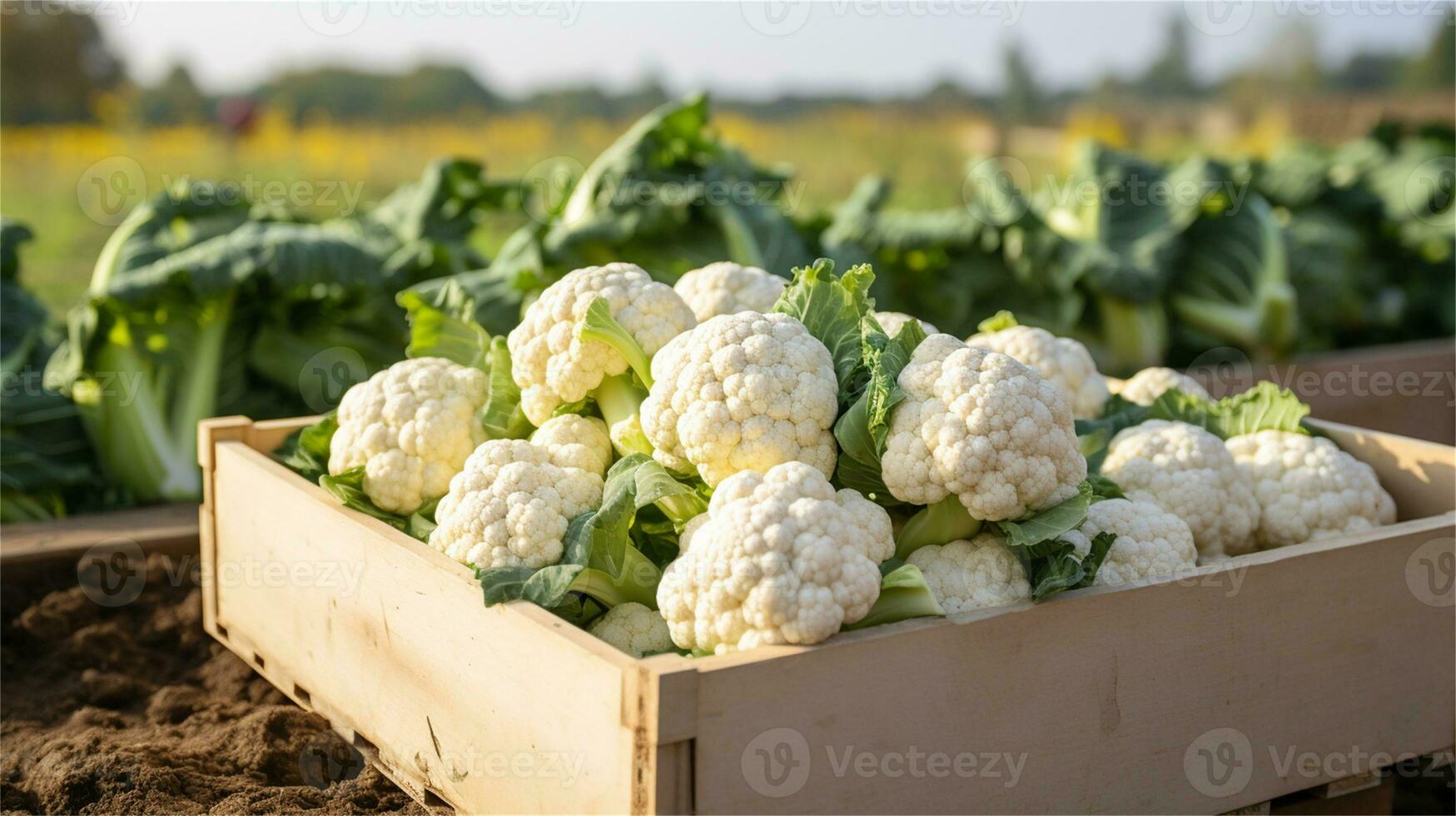 cauliflower in a wooden crate on a table AI Generative photo