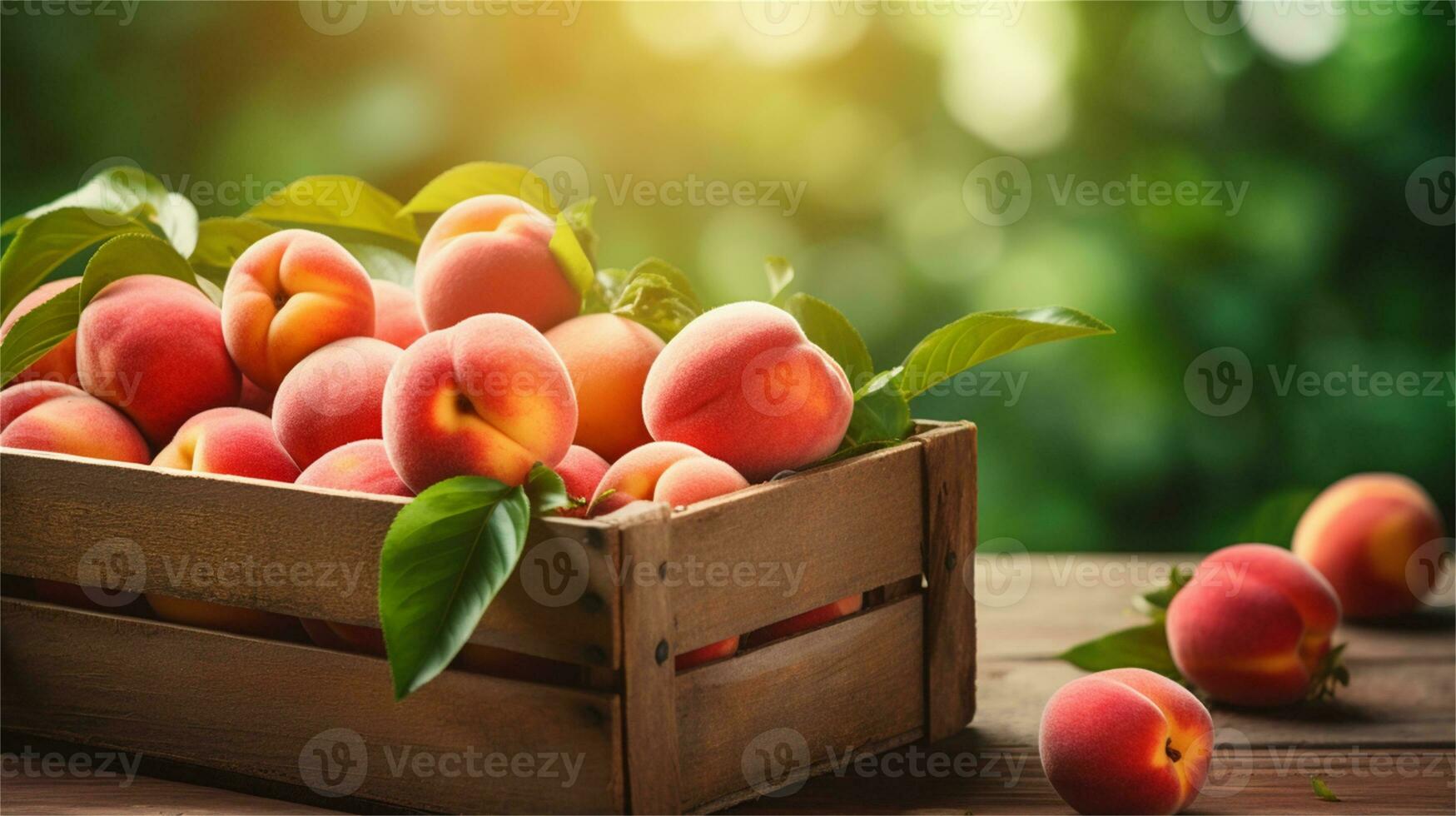 fresh peaches in a wooden box on a table AI Generative photo