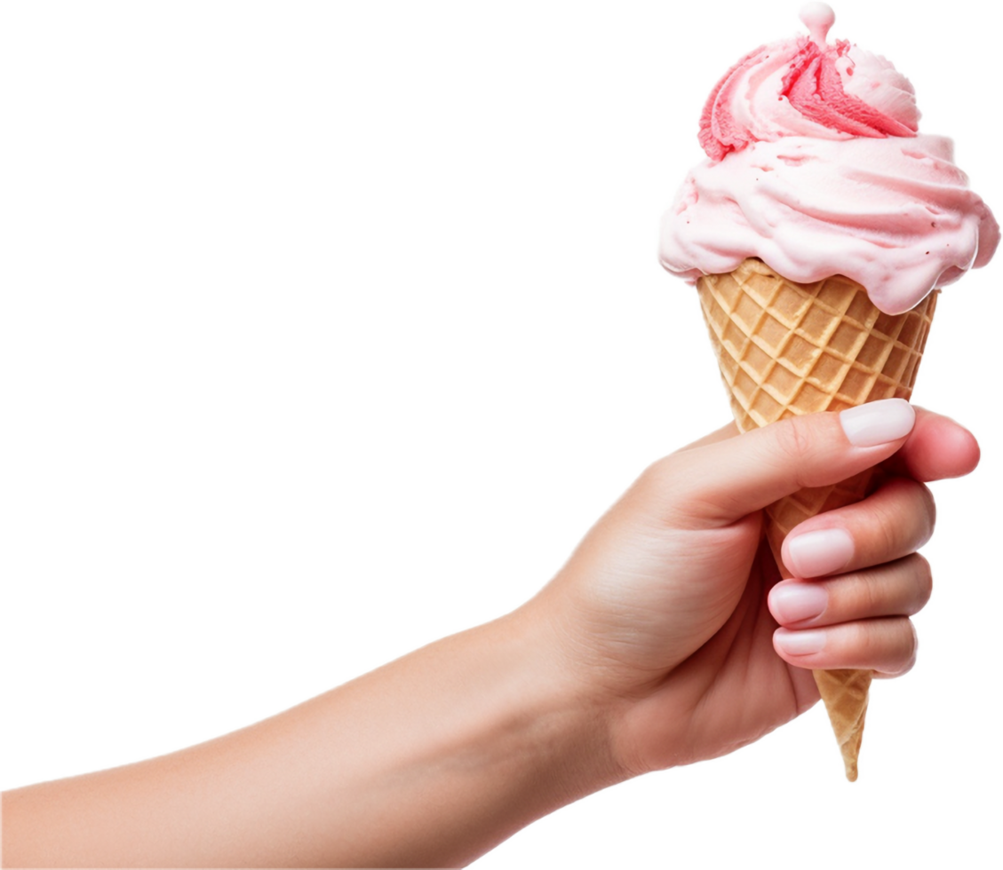 AI generated female hand holding strawberry ice cream cone png