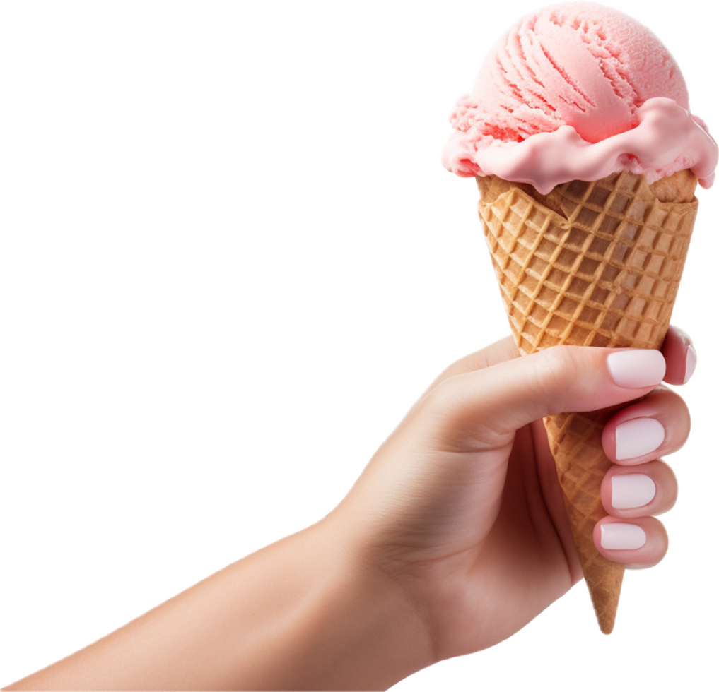 ai généré femelle main en portant fraise la glace crème cône png