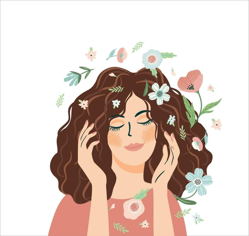 retrato de linda niña con flores yo cuidado, yo amar, armonía. aislado vector diseño.