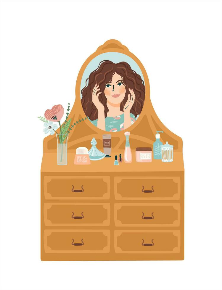 Portrait of cute girl in mirror. Self care, self love, harmony. Isolated vector illustration.