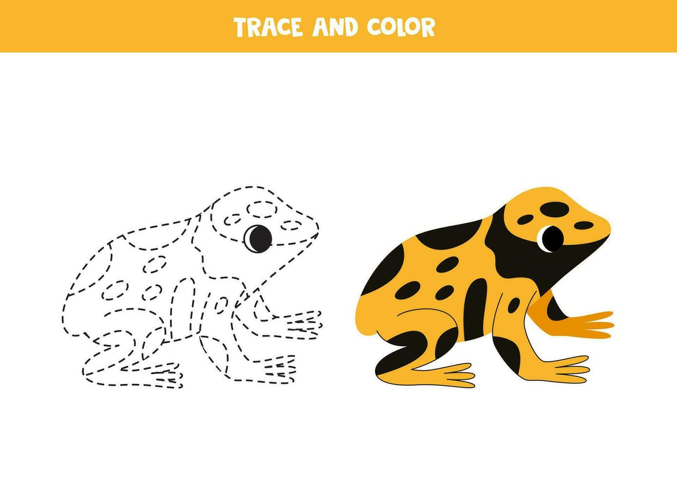 Trace and color cartoon yellow banded poison dart frog . Worksheet for children. vector
