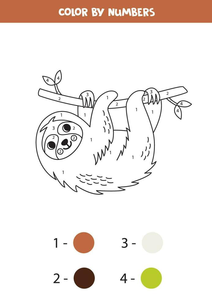 Color cartoon sloth by numbers. Worksheet for kids. vector