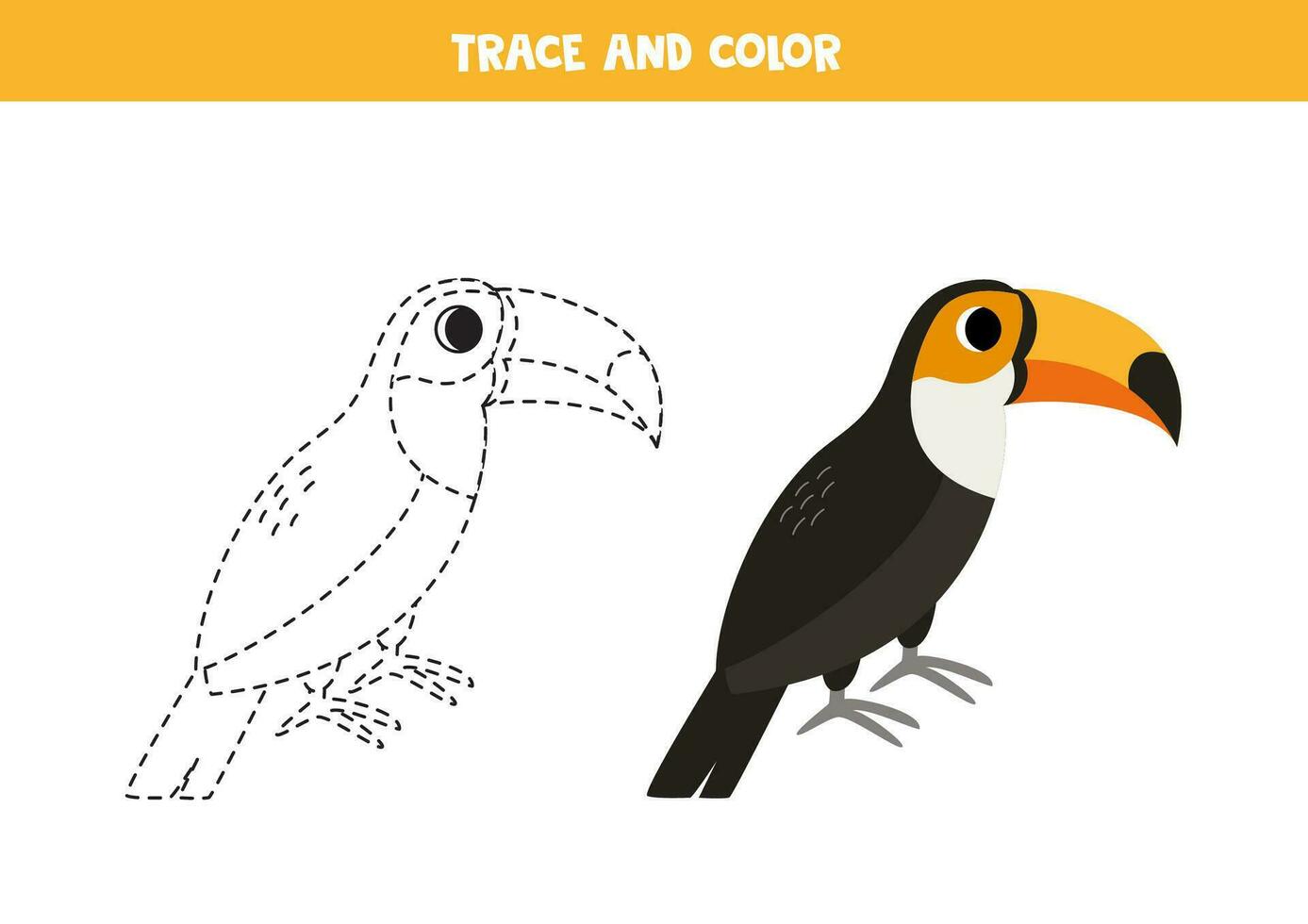 Trace and color cartoon toucan bird. Worksheet for children. vector