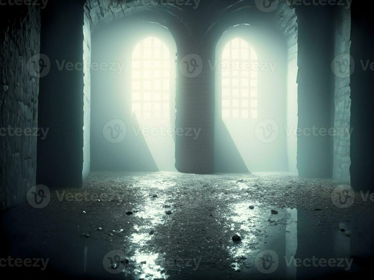 interior of old abandoned building with broken windows photo