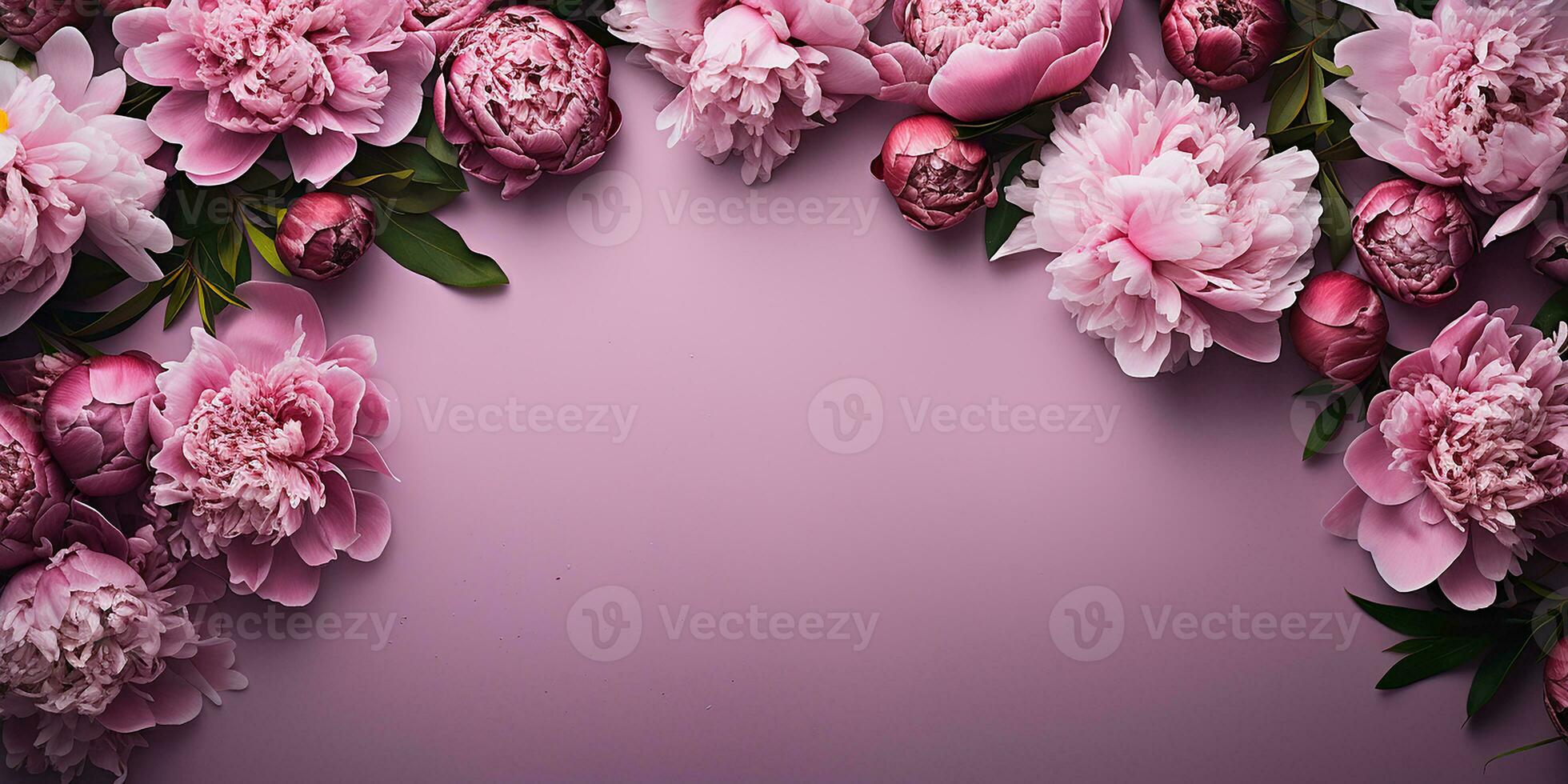 AI generated flat lay with pink peony flowers on a pink background. aesthetic frame of flowers photo