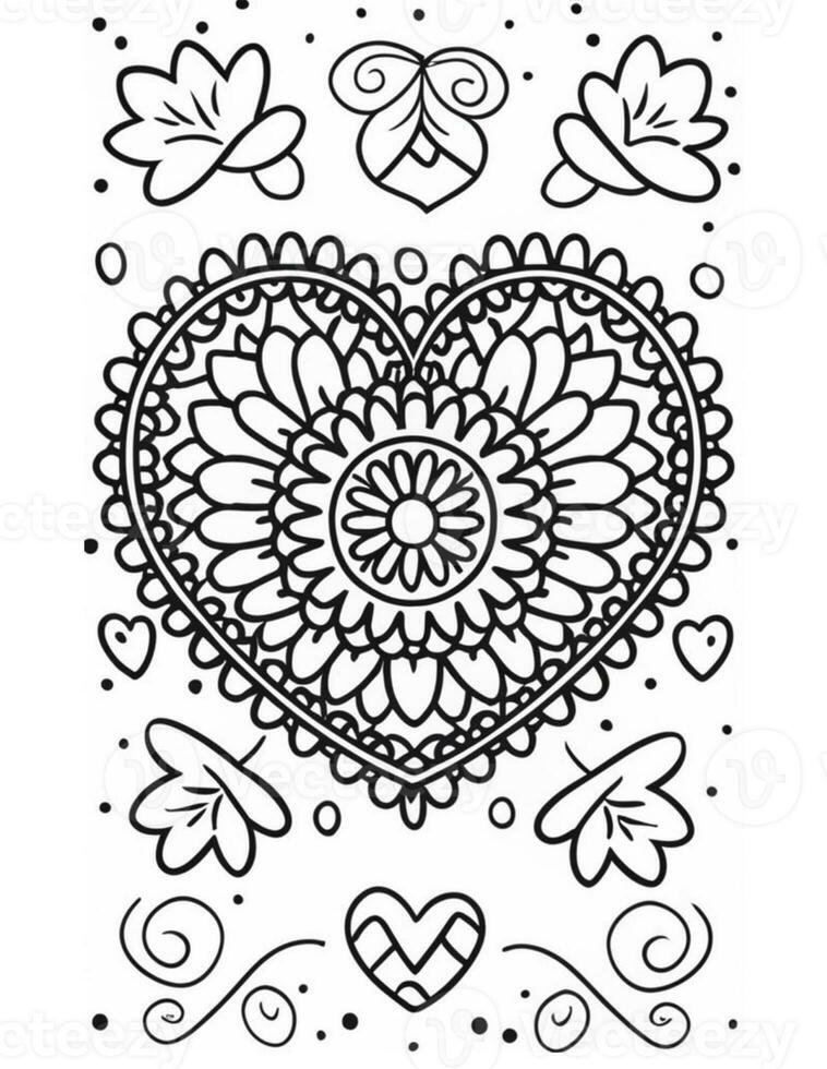 AI generated graphics coloring book heart valentines day mandala photo