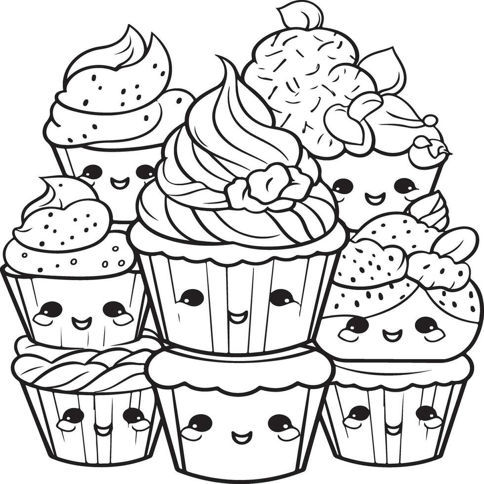 Kawaii sweet Cupcake coloring page vector