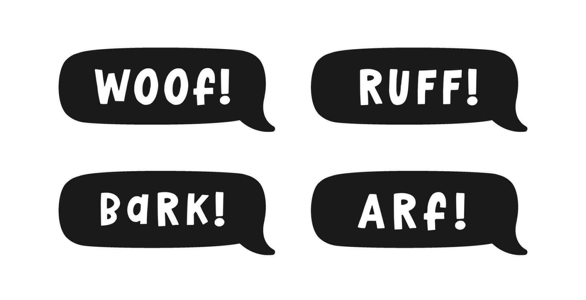 Dog bark animal sound effect text in a speech bubble balloon silhouette clipart set. Cute cartoon onomatopoeia comics and lettering. vector