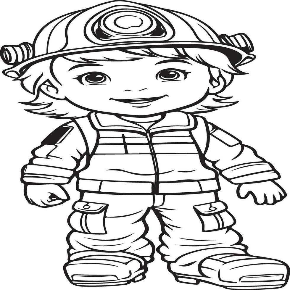 child in an firefighter costume coloring page vector