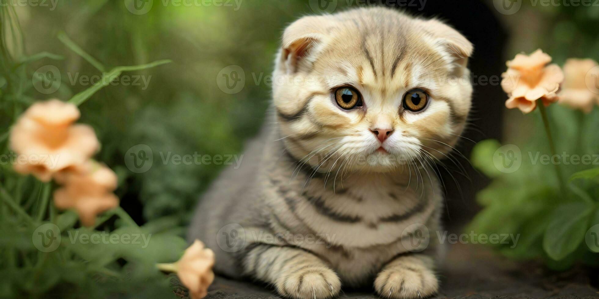 Portrait of the Scottish fold cat are sitting in the garden. Generative AI photo