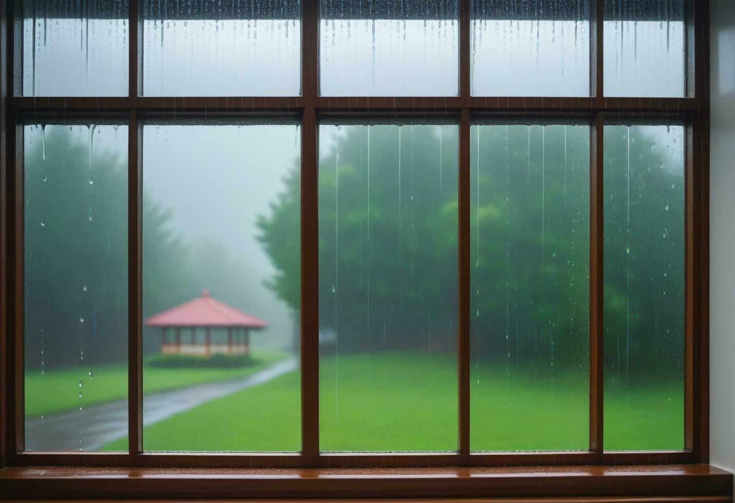 Rainy day outside the window with green view. AI Generative photo