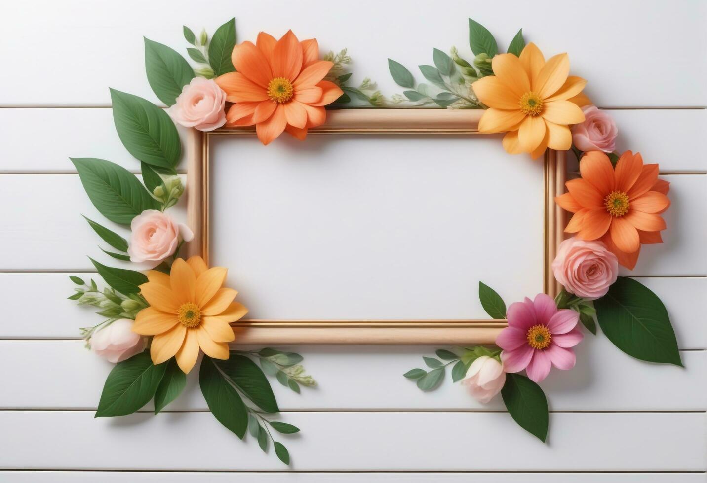 Floral frame on a white wooden background. AI Generative photo