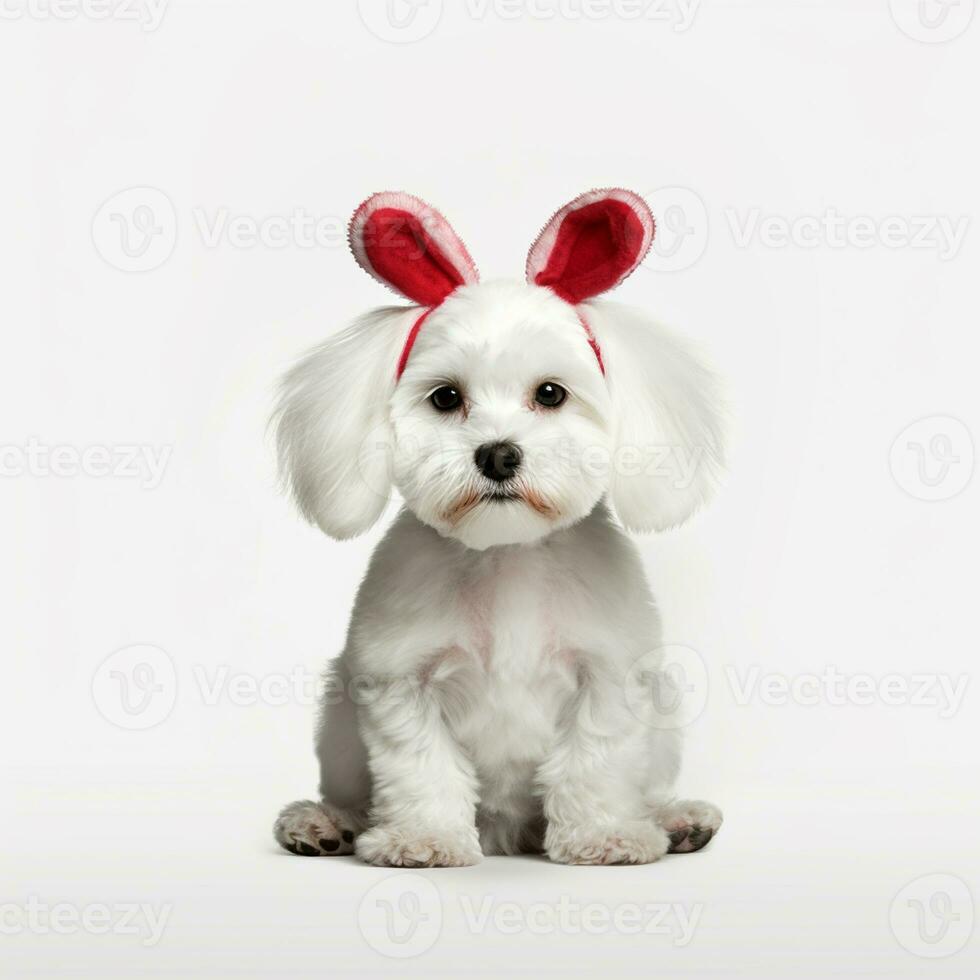 un blanco perro vistiendo conejito orejas y un rojo arco, ai generado foto