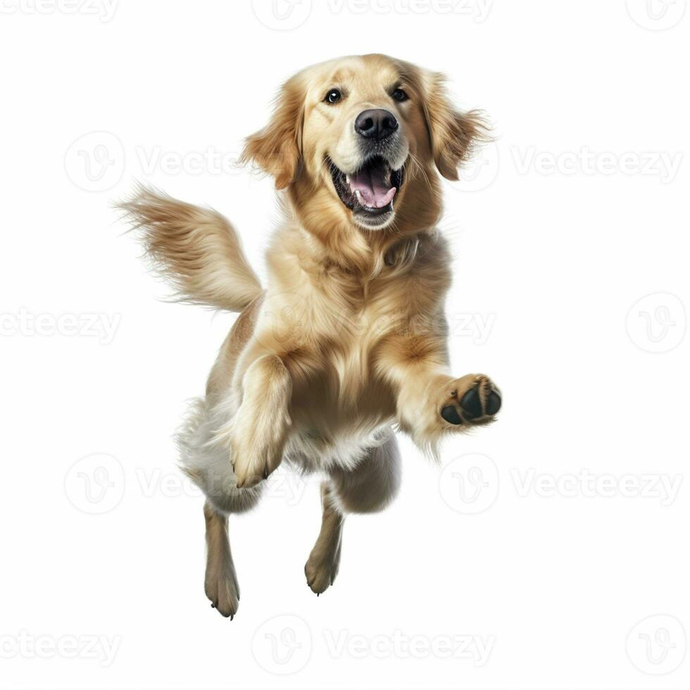 a golden retriever is jumping up in the air, AI Generated photo
