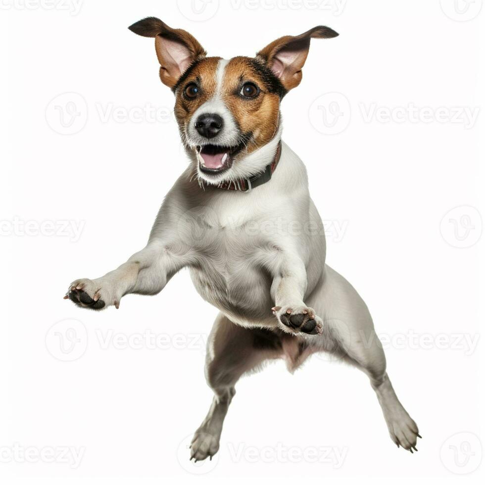a dog jumping up in the air on a white background, AI Generated photo