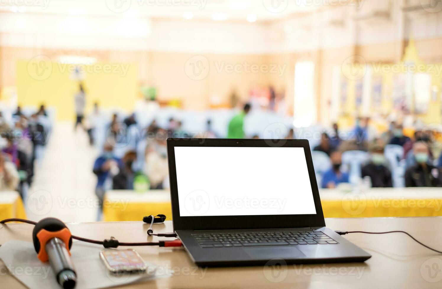 Background image of opened laptop with blank white screen on customer meeting,Presenting the results of annual business operations, copy space photo