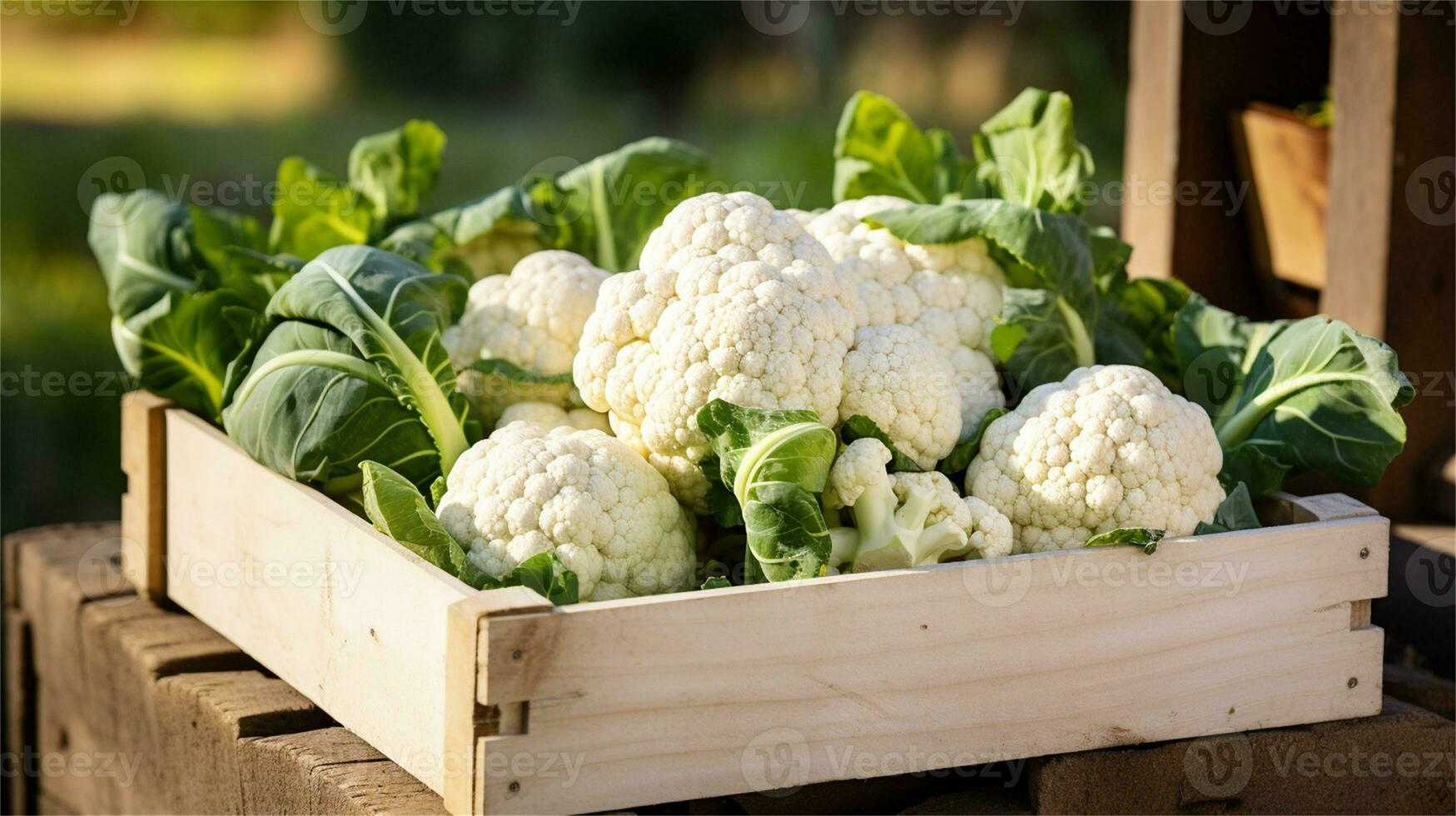 cauliflower in a wooden crate on a table AI Generative photo