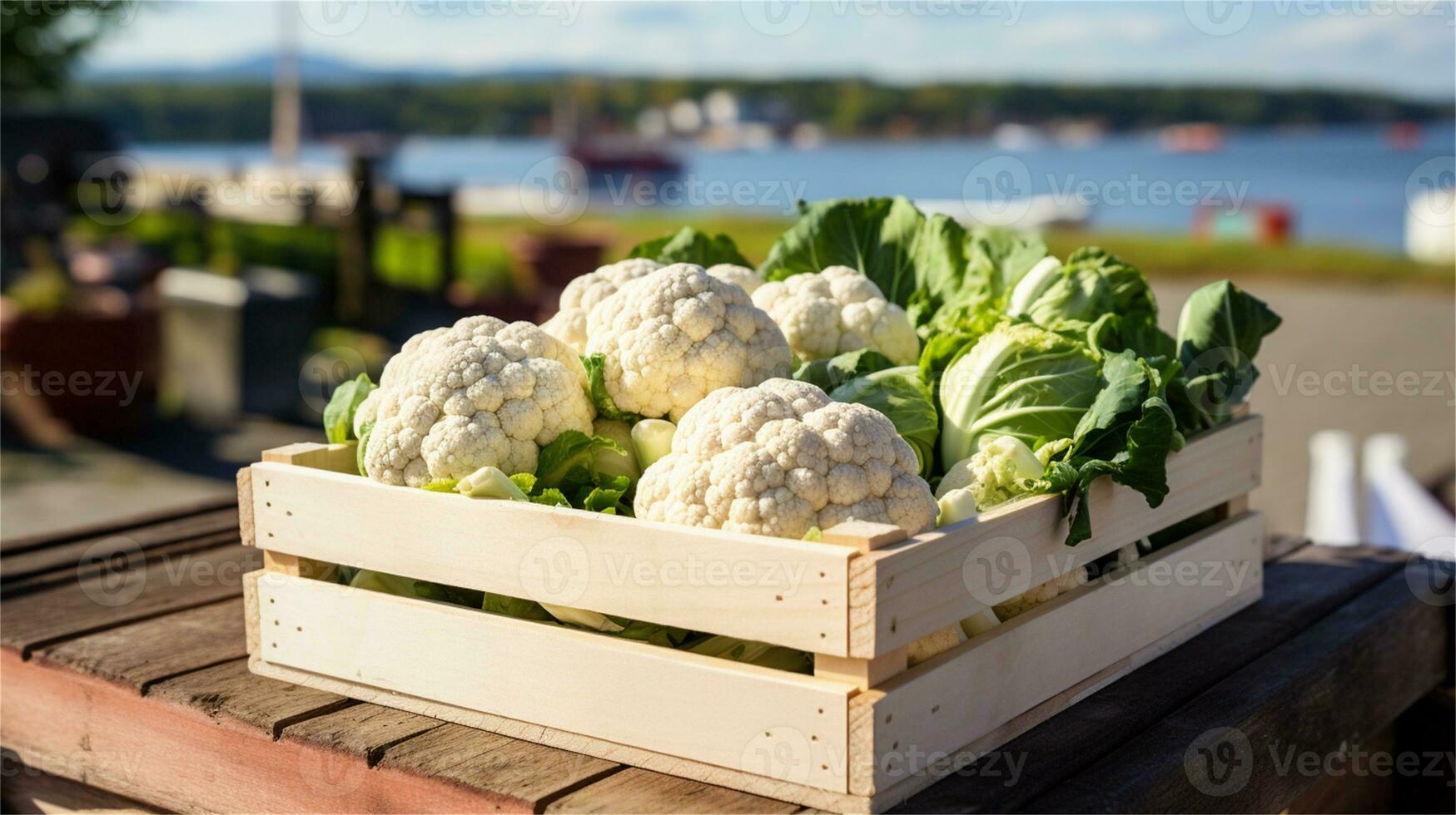 cauliflower in a wooden crate on a table AI Generative photo