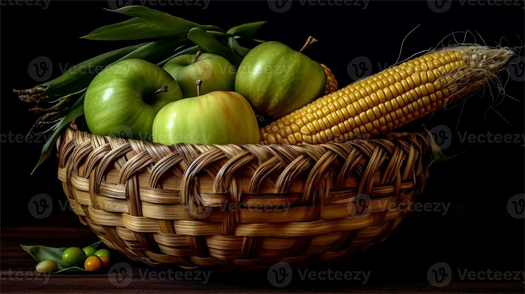 a basket filled with corn and tomatoes AI Generated photo