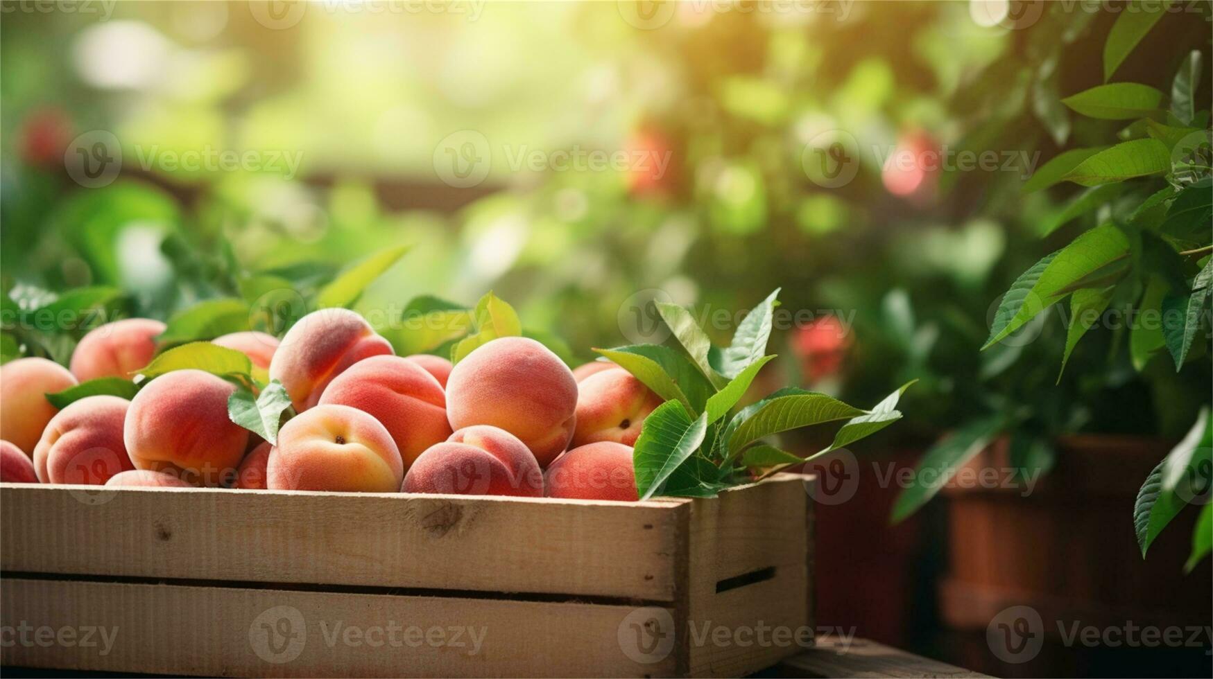 fresh peaches in a wooden box on a table AI Generative photo