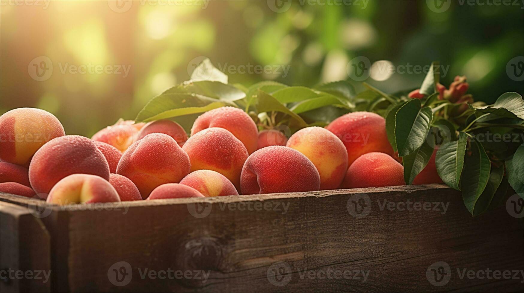 fresh peaches in a wooden box on a table AI Generative photo