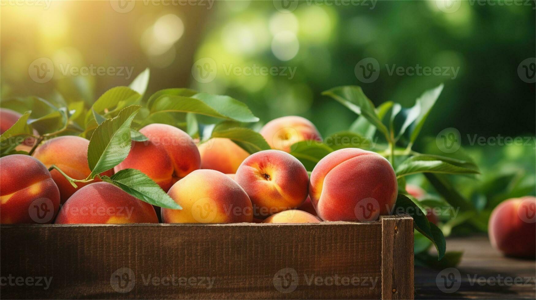 fresh peaches in a wooden box on a table AI Generative photo