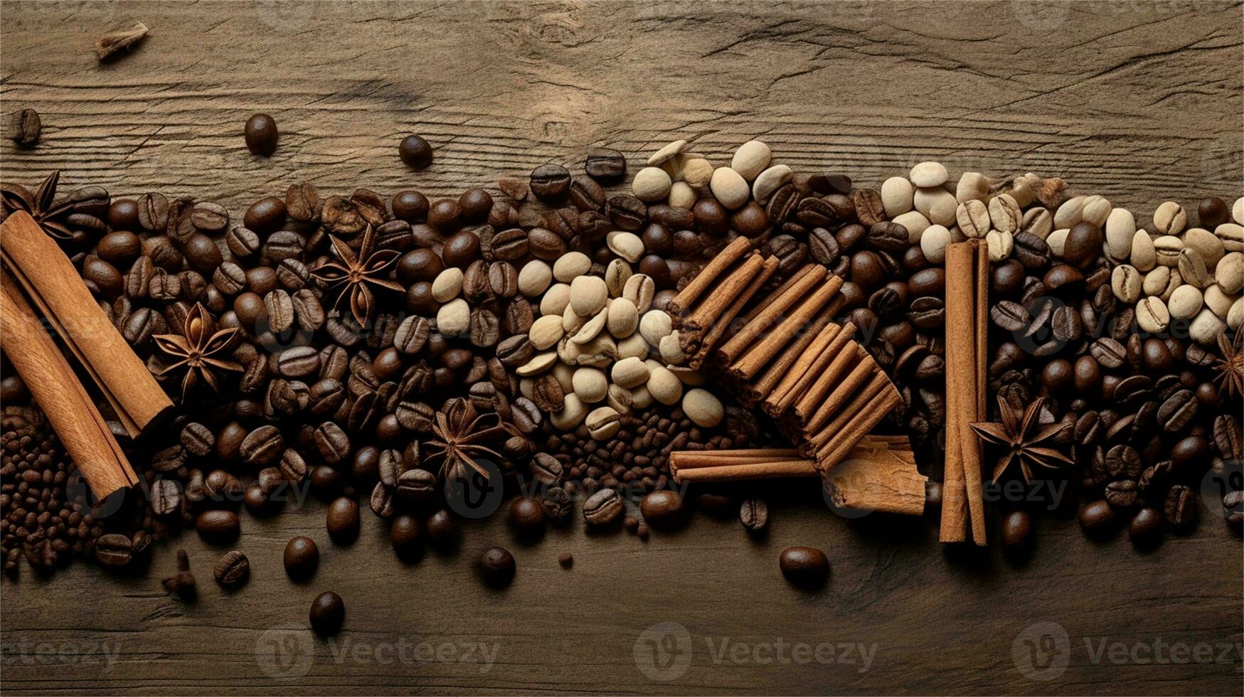a pile of coffee beans sitting on top of a wooden table AI Generated photo