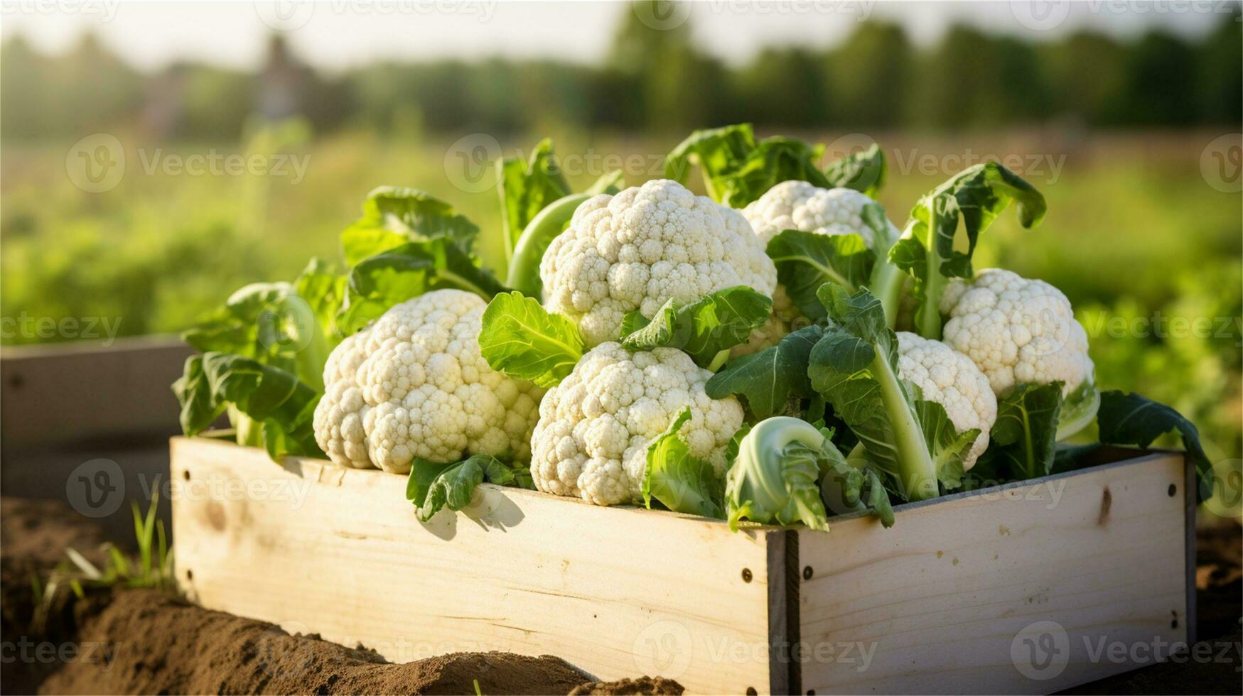 cauliflower in a wooden crate on a table AI Generative photo