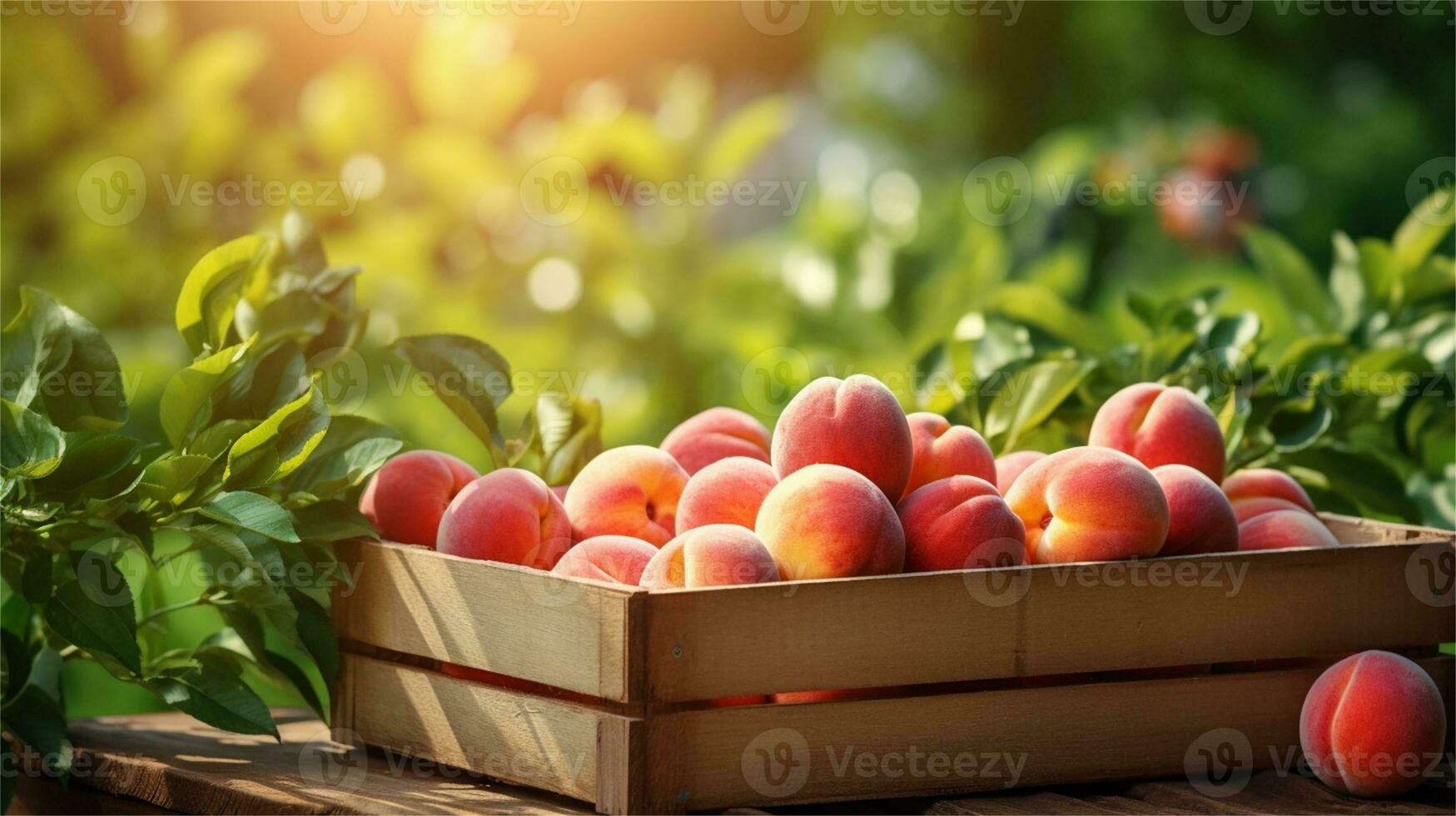fresh peaches in a wooden box on a table AI Generative photo