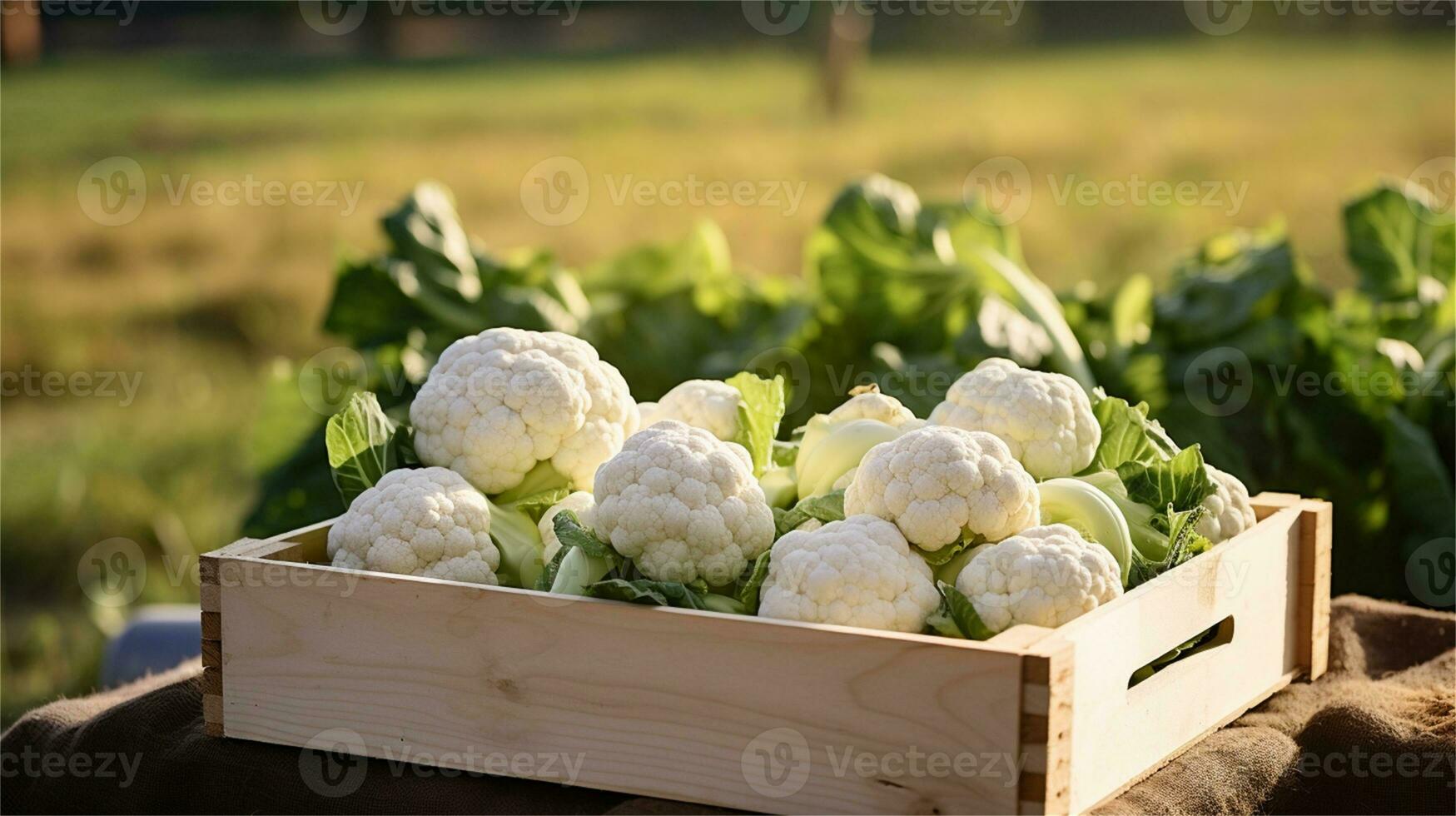 cauliflower in a wooden crate on a table AI Generative photo