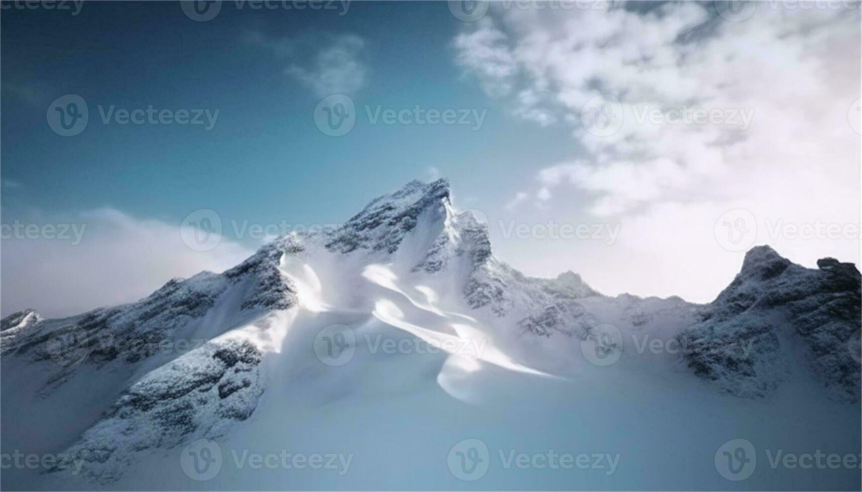 a snowy mountain landscape with a river and rocks AI Generative photo