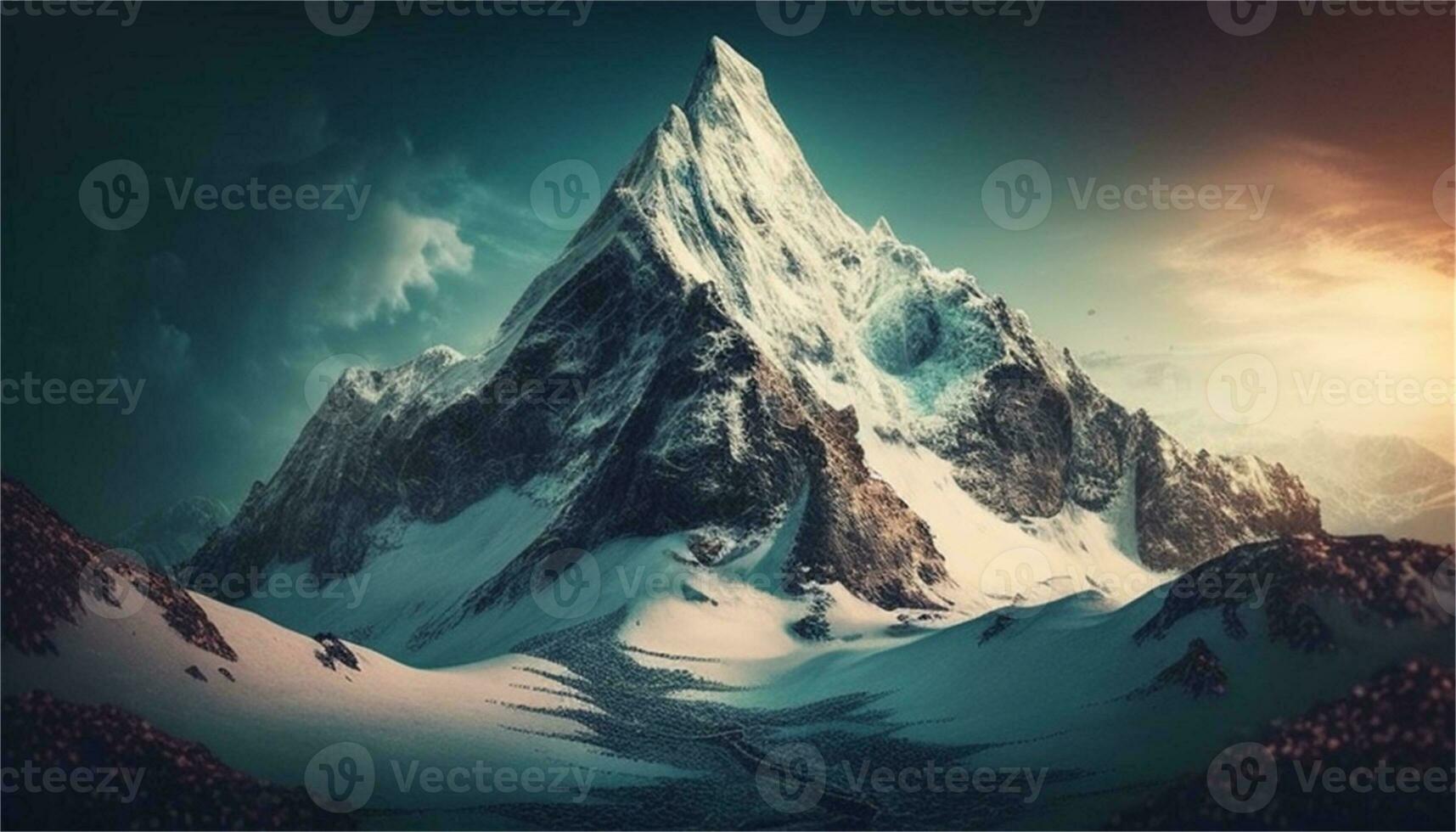 a snowy mountain landscape with a river and rocks AI Generative photo