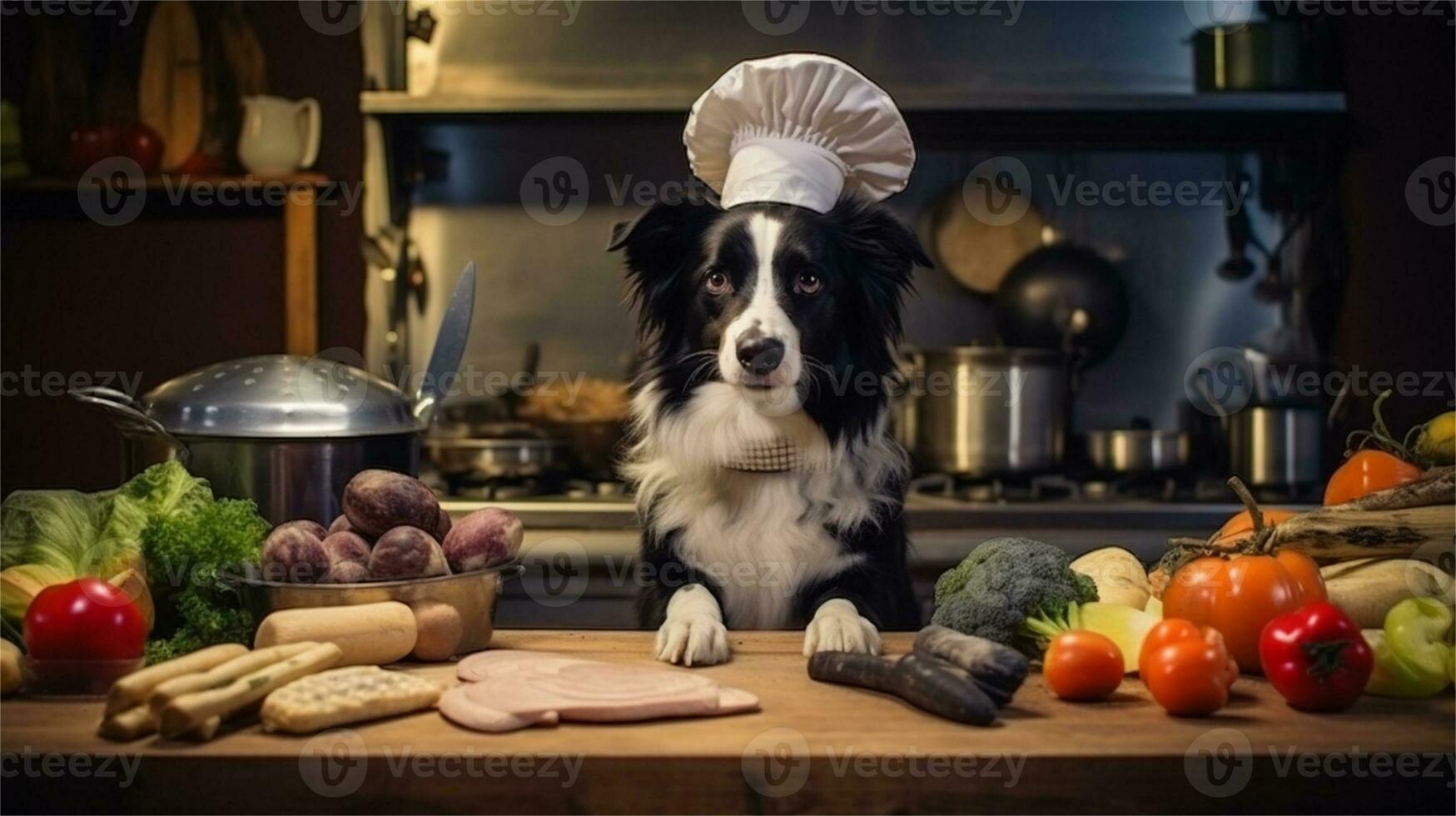 a black and white dog wearing a chef's hat surrounded by vegetables AI Generated photo