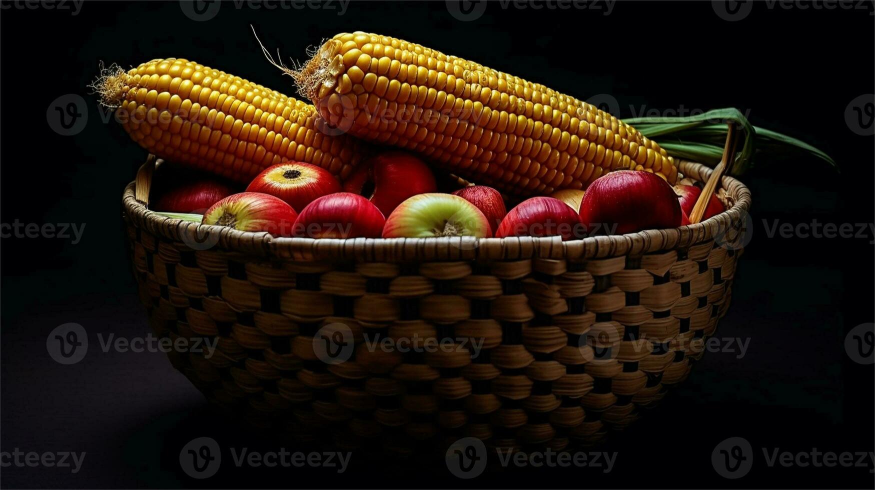 a basket filled with corn and tomatoes AI Generated photo