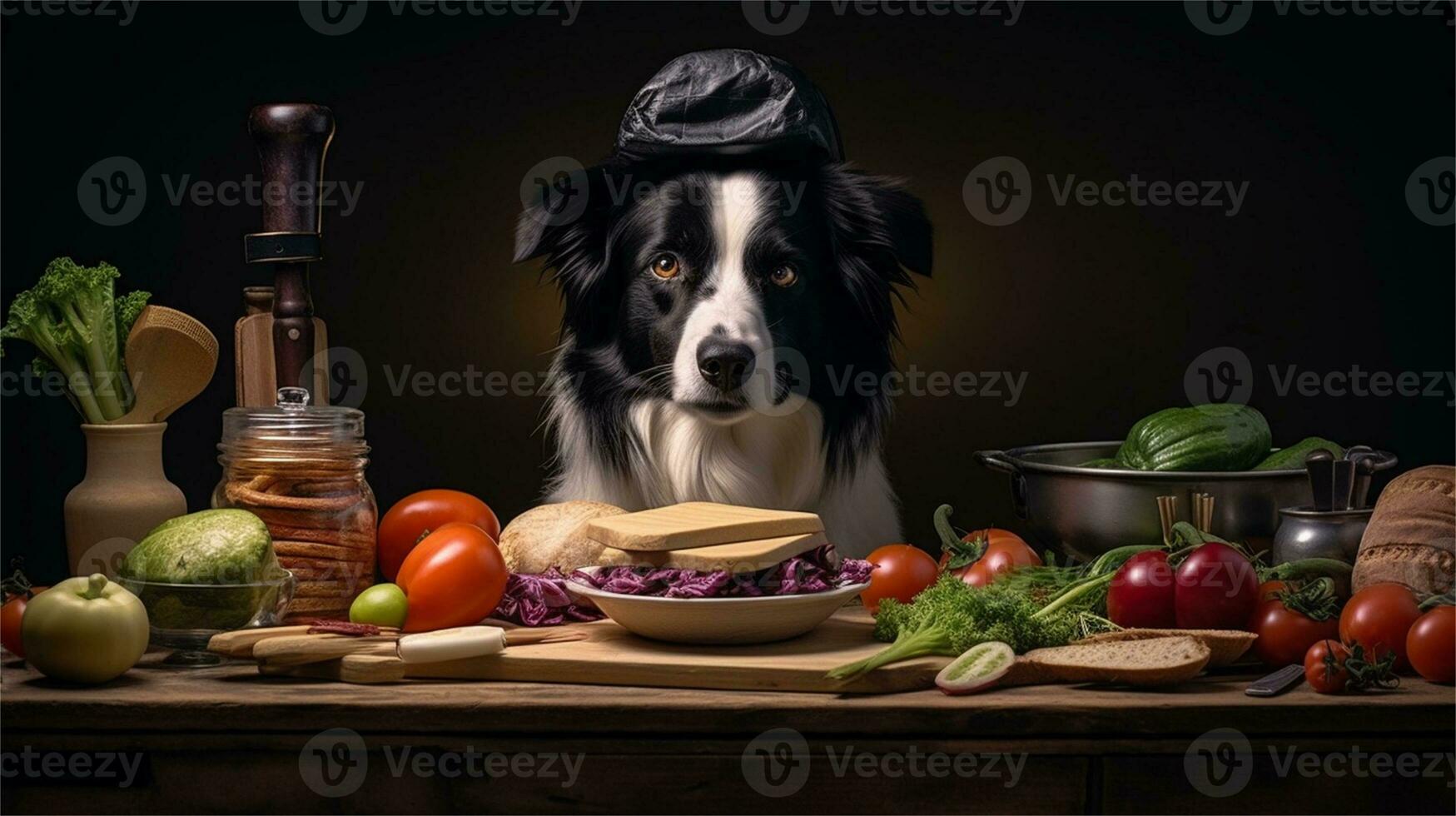 a black and white dog wearing a chef's hat surrounded by vegetables AI Generated photo
