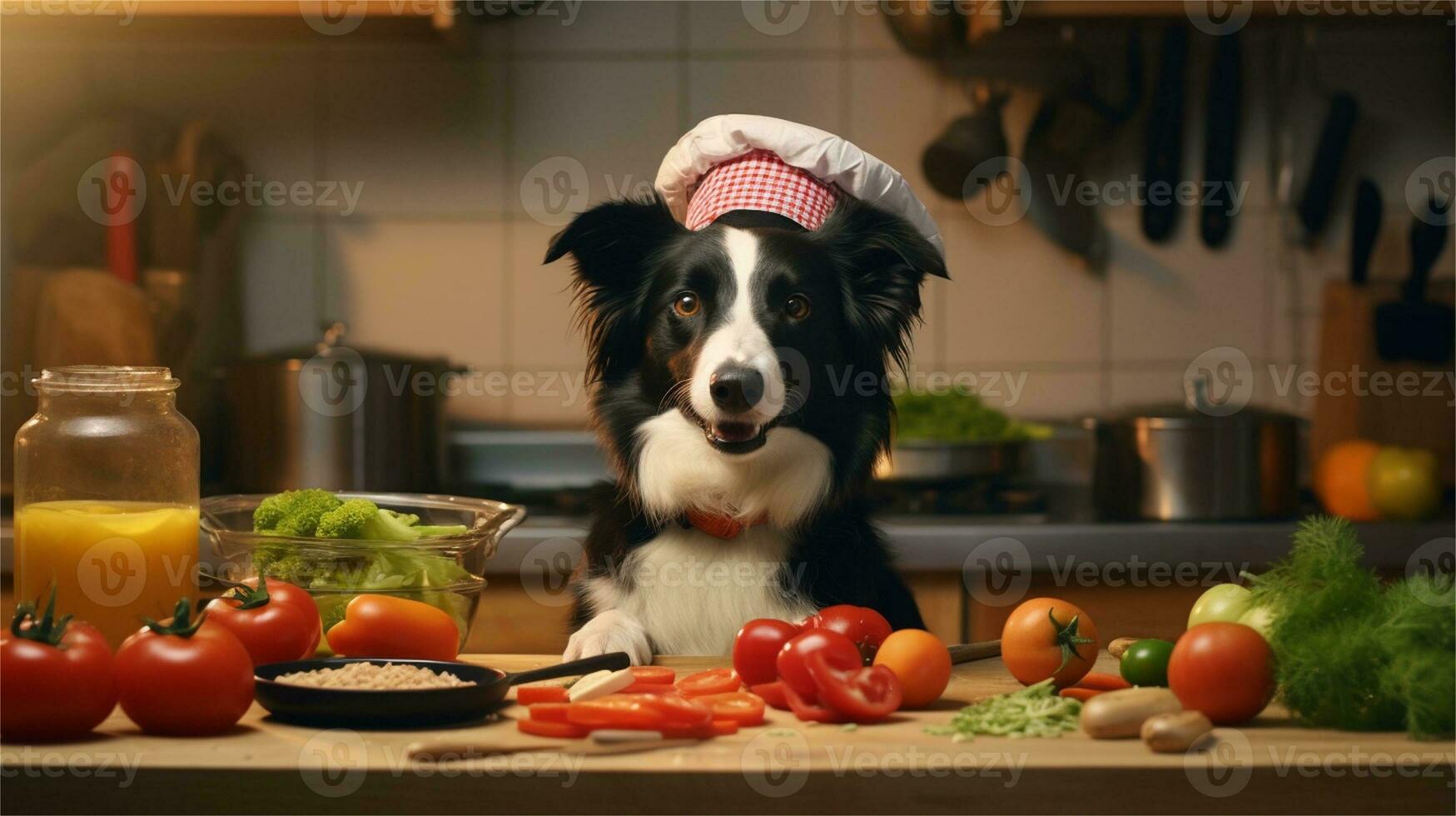 a black and white dog wearing a chef's hat surrounded by vegetables AI Generated photo