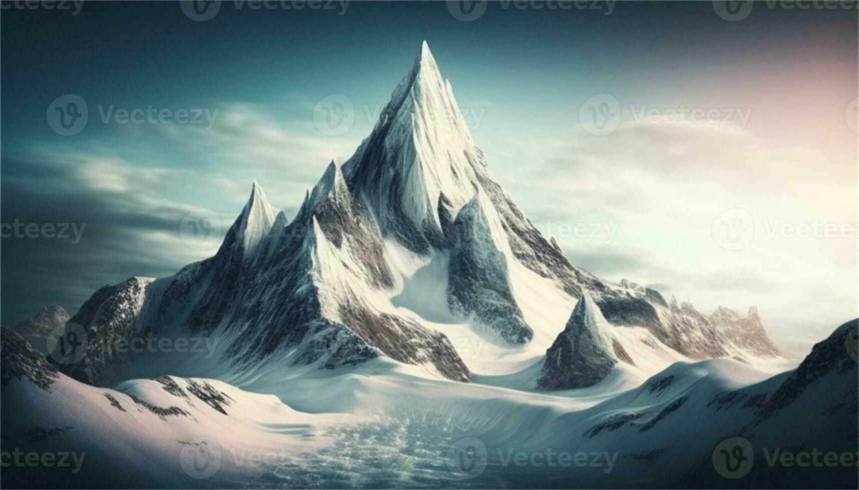 a snowy mountain landscape with a river and rocks AI Generative photo