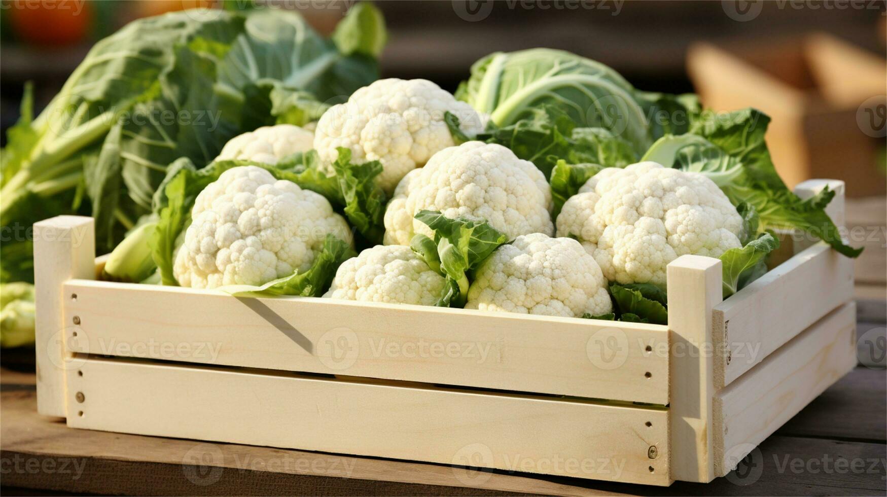 cauliflower in a wooden crate on a table AI Generative photo