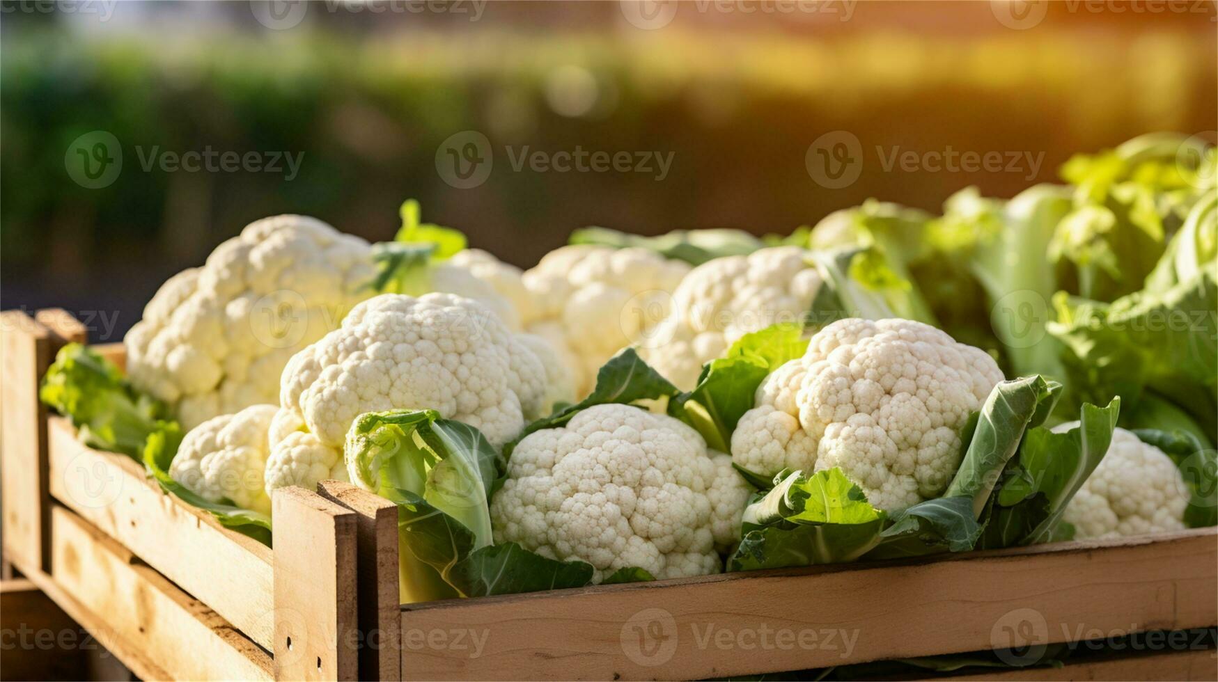 cauliflower in a wooden crate on a table AI Generative photo