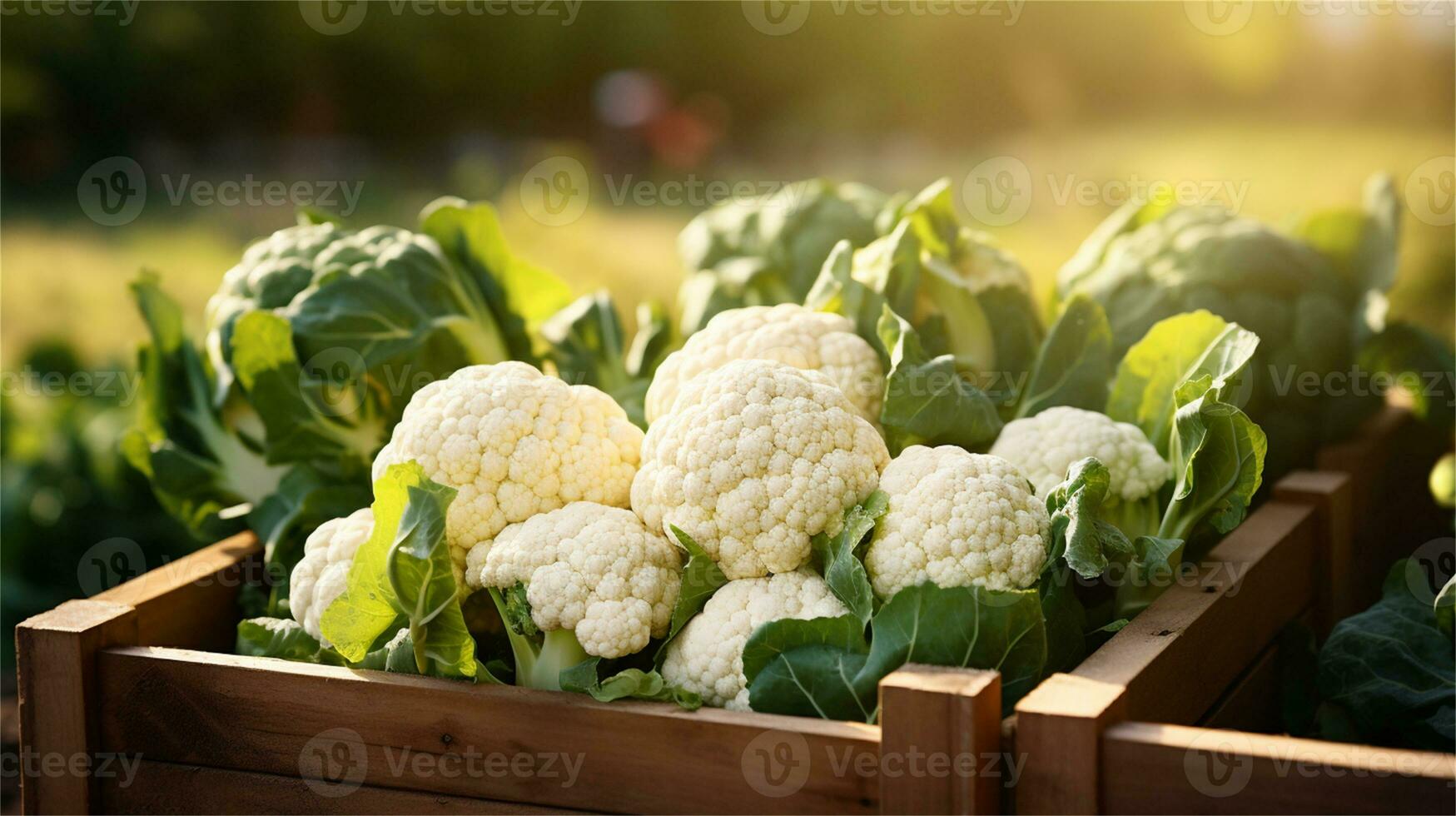 cauliflower in a wooden crate on a table AI Generative photo