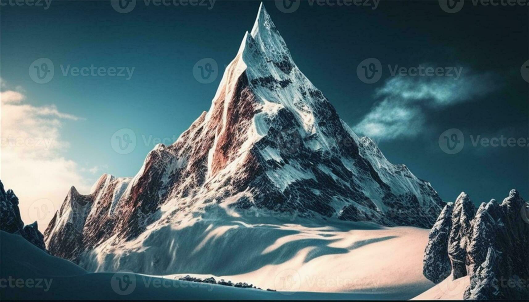 a snowy mountain landscape with a river and rocks AI Generative photo
