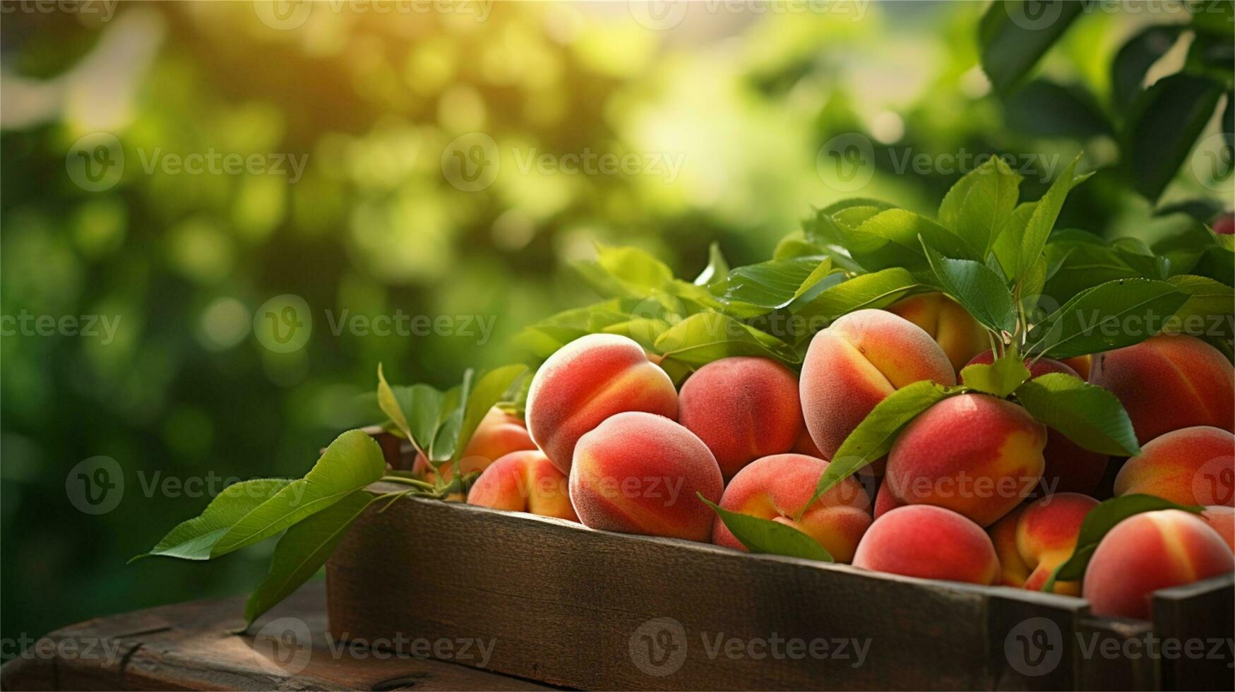 fresh peaches in a wooden box on a table AI Generative photo