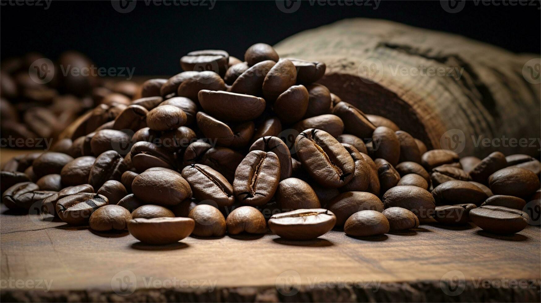 a pile of coffee beans sitting on top of a wooden table AI Generated photo
