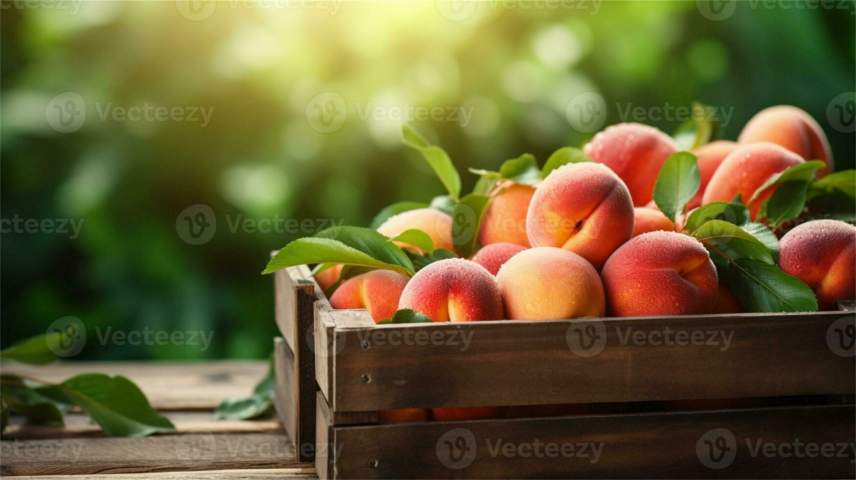 fresh peaches in a wooden box on a table AI Generative photo