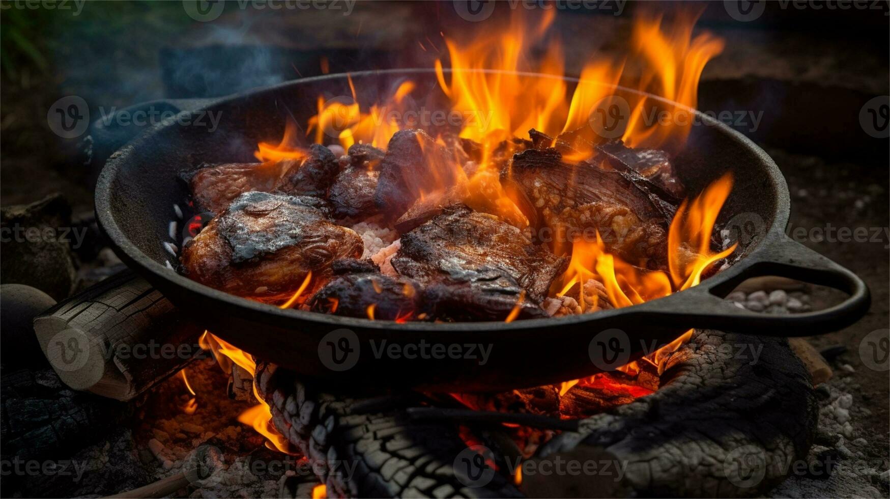 a large pot of food cooking over a fire AI Generated photo
